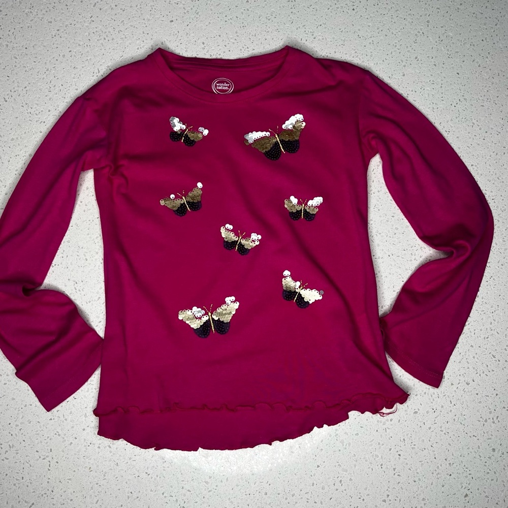 Wonder Nation Butterfly T-Shirt Girls Long Sleeve Pink/Gold Size XS 4-5